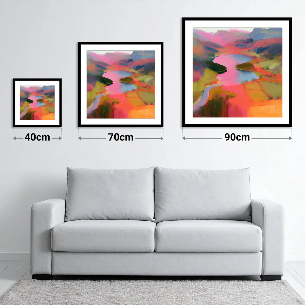 Vivid Elter Water from Above - size guide showing 40cm, 70cm and 90cm art prints