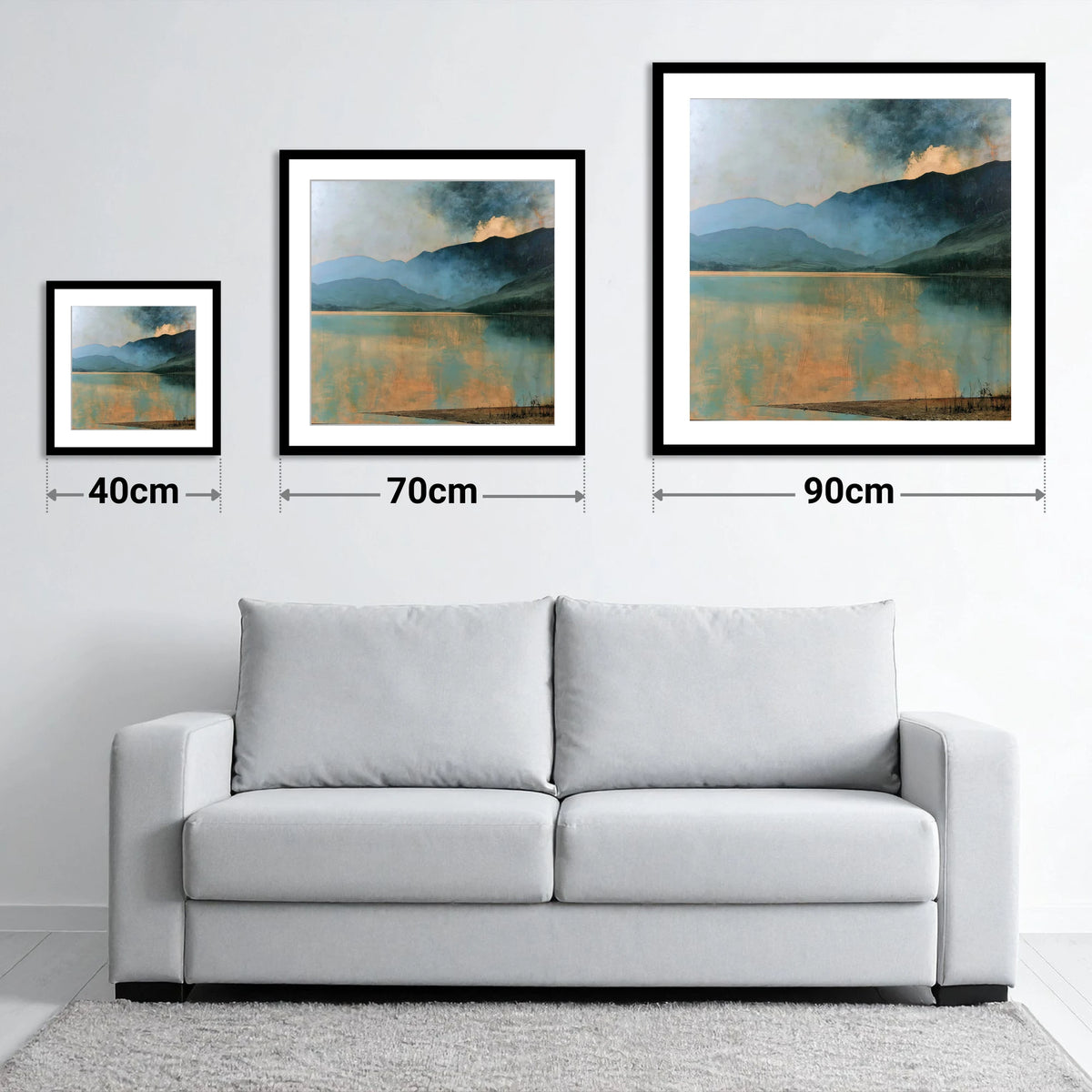 Light Breaking Over Crummock Water - size guide showing 40cm, 70cm and 90cm art prints
