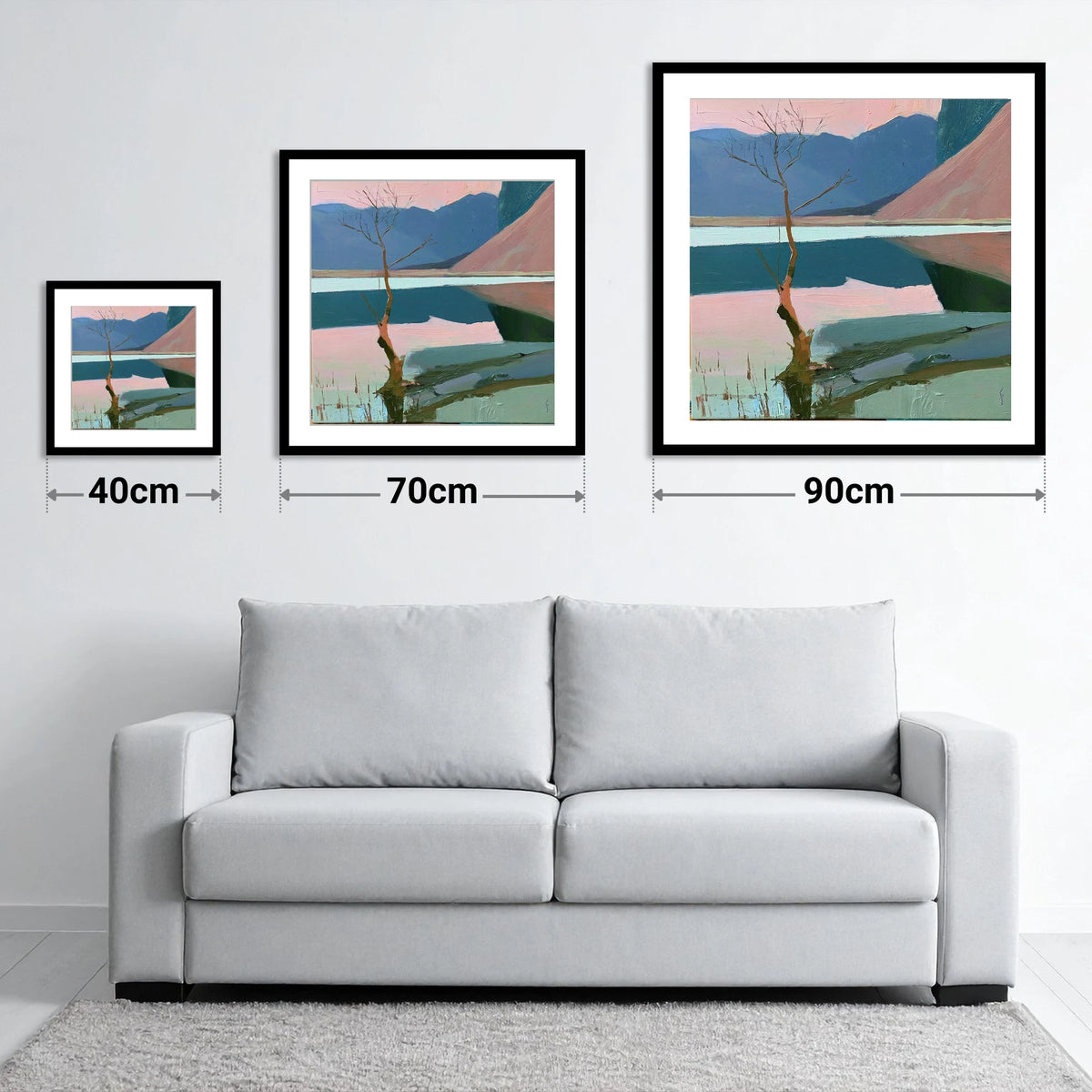 Buttermere Lone Tree in Pink - size guide showing 40cm, 70cm and 90cm art prints