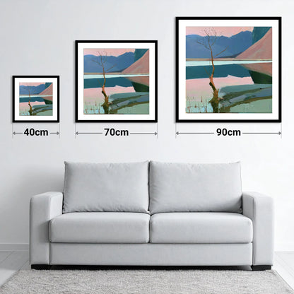 Buttermere Lone Tree in Pink - size guide showing 40cm, 70cm and 90cm art prints