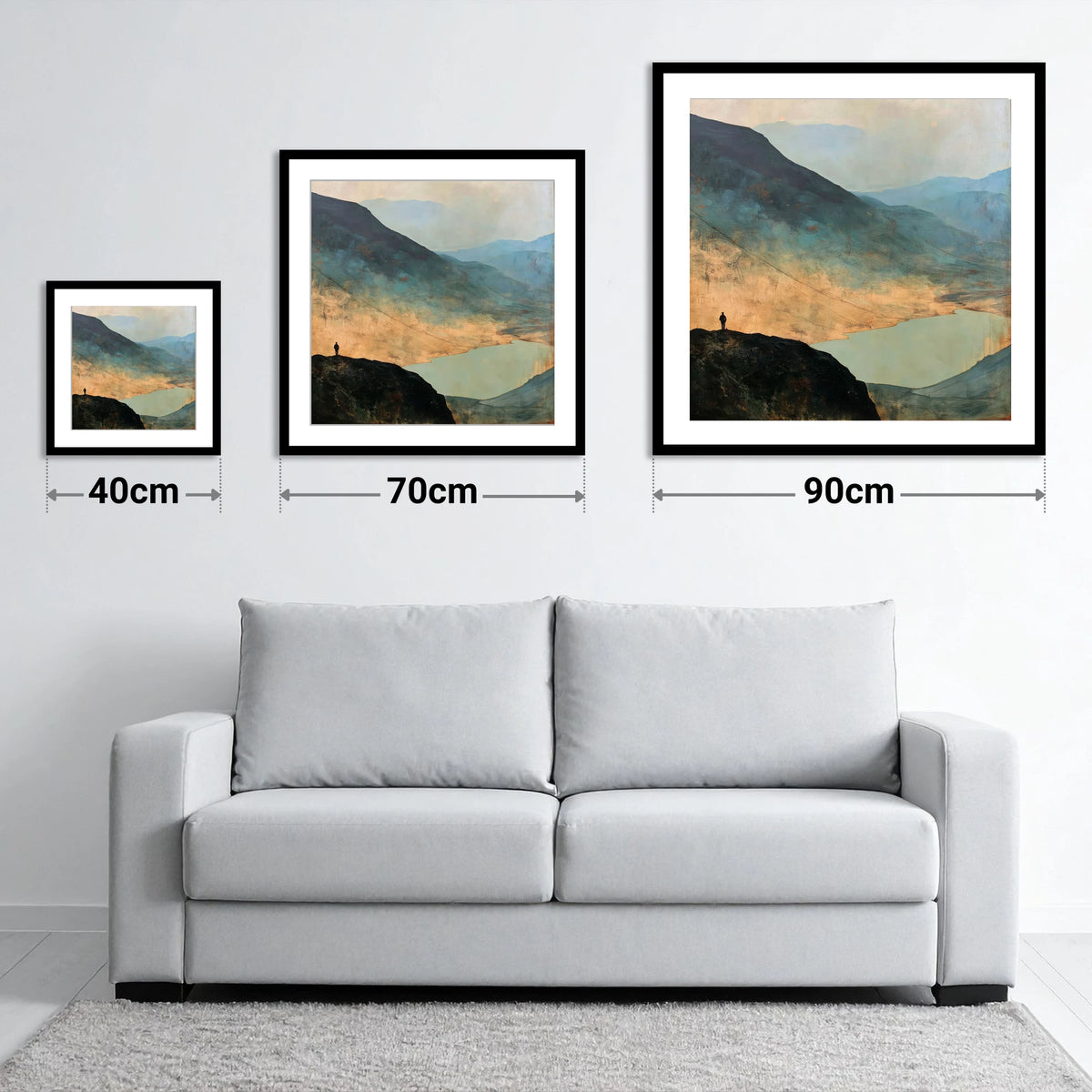Westmorland Cairn Silhouette Over Wasdale - size guide showing 40cm, 70cm and 90cm art prints