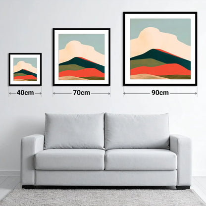 Graphic Fells Under Cloud - size guide showing 40cm, 70cm and 90cm art prints