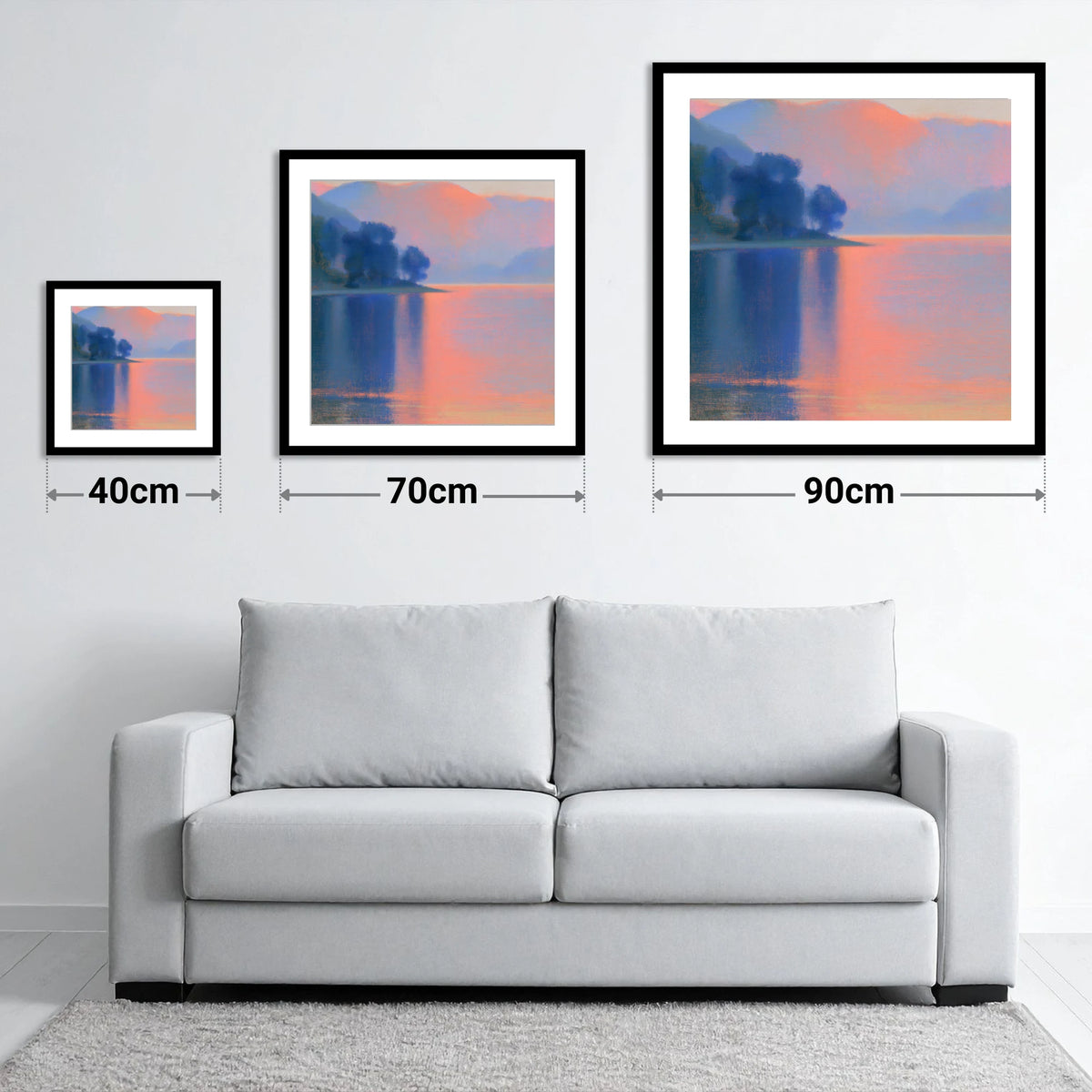 Pastel Sunset Over The Lake - size guide showing 40cm, 70cm and 90cm art prints