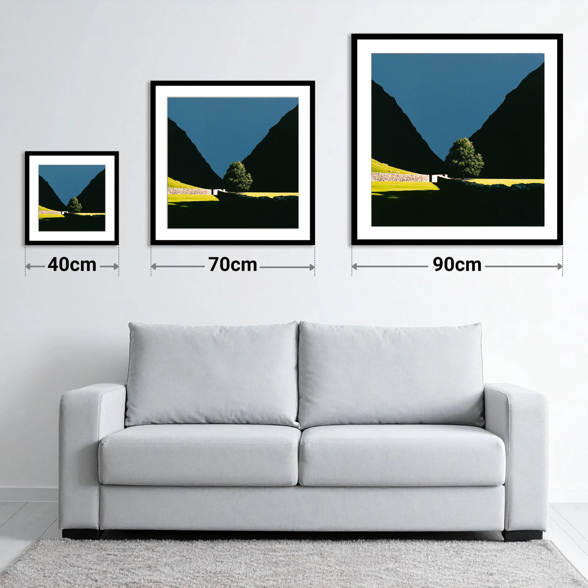 Sunlit Tree Between Silhouetted Fells - size guide showing 40cm, 70cm and 90cm art prints