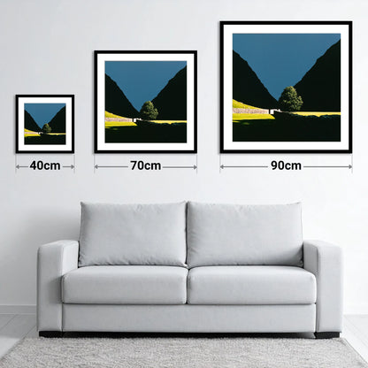 Sunlit Tree Between Silhouetted Fells - size guide showing 40cm, 70cm and 90cm art prints