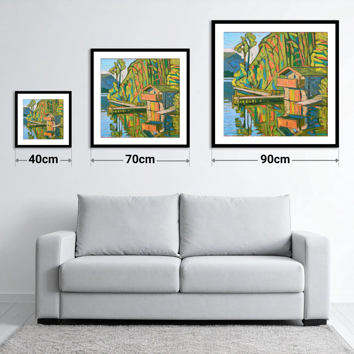 Vivid Pooley Bridge Boathouse - size guide showing 40cm, 70cm and 90cm art prints