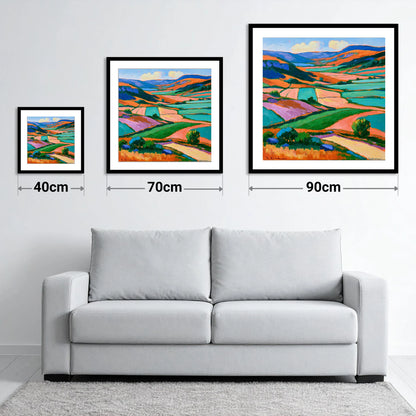 Vibrant Dale Patchwork Fields - size guide showing 40cm, 70cm and 90cm art prints
