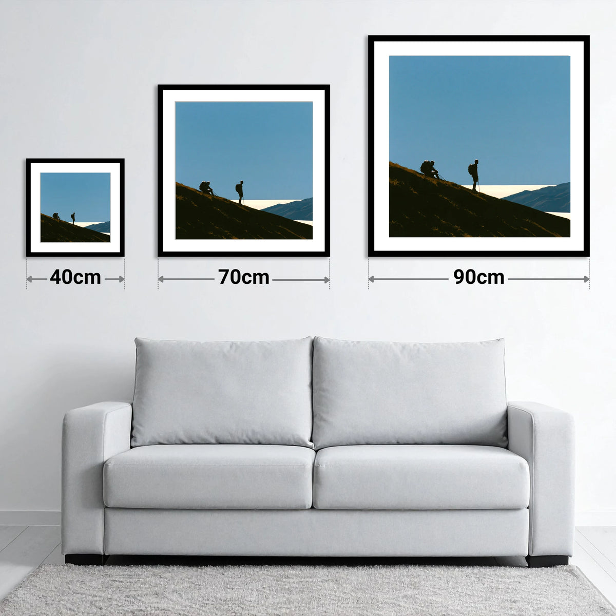 Catbells Walkers Against Vast Sky - size guide showing 40cm, 70cm and 90cm art prints