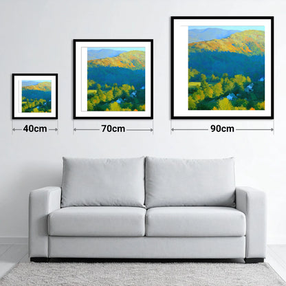 Sunlit Loughrigg Fell Ridge - size guide showing 40cm, 70cm and 90cm art prints