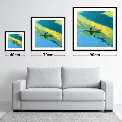 Kayaker on Vibrant Golden Water Reflections - size guide showing 40cm, 70cm and 90cm art prints