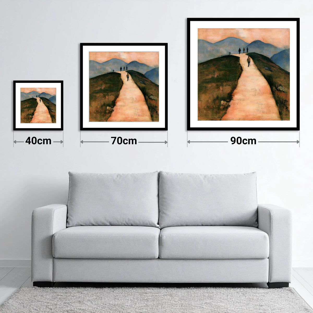 Walkers on a Warm Mountain Path - size guide showing 40cm, 70cm and 90cm art prints