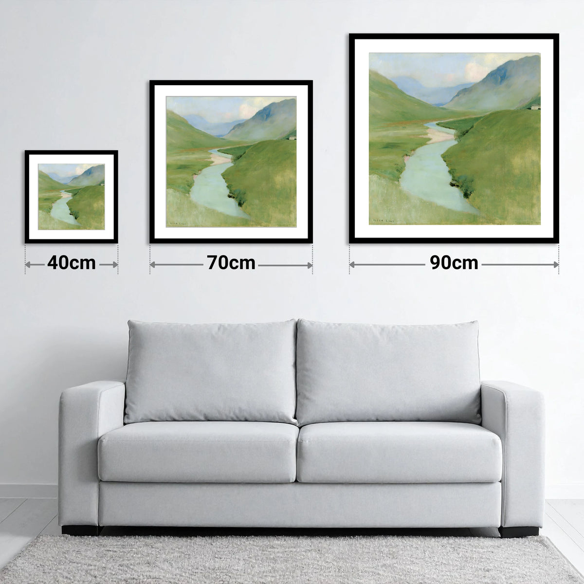 Winding River in Pastel Fells - size guide showing 40cm, 70cm and 90cm art prints