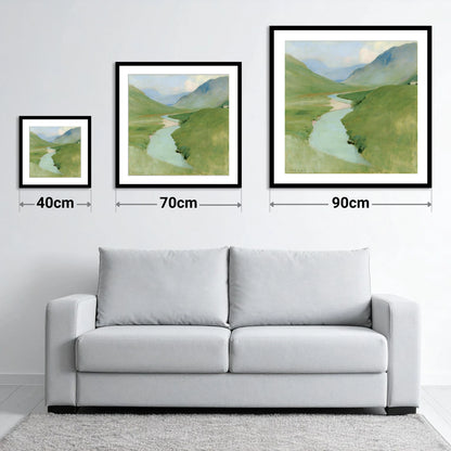 Winding River in Pastel Fells - size guide showing 40cm, 70cm and 90cm art prints