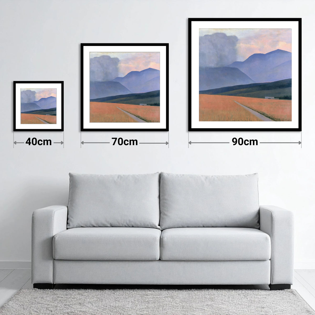 Storm Clouds Over Lavender Fells - size guide showing 40cm, 70cm and 90cm art prints