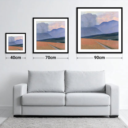 Storm Clouds Over Lavender Fells - size guide showing 40cm, 70cm and 90cm art prints