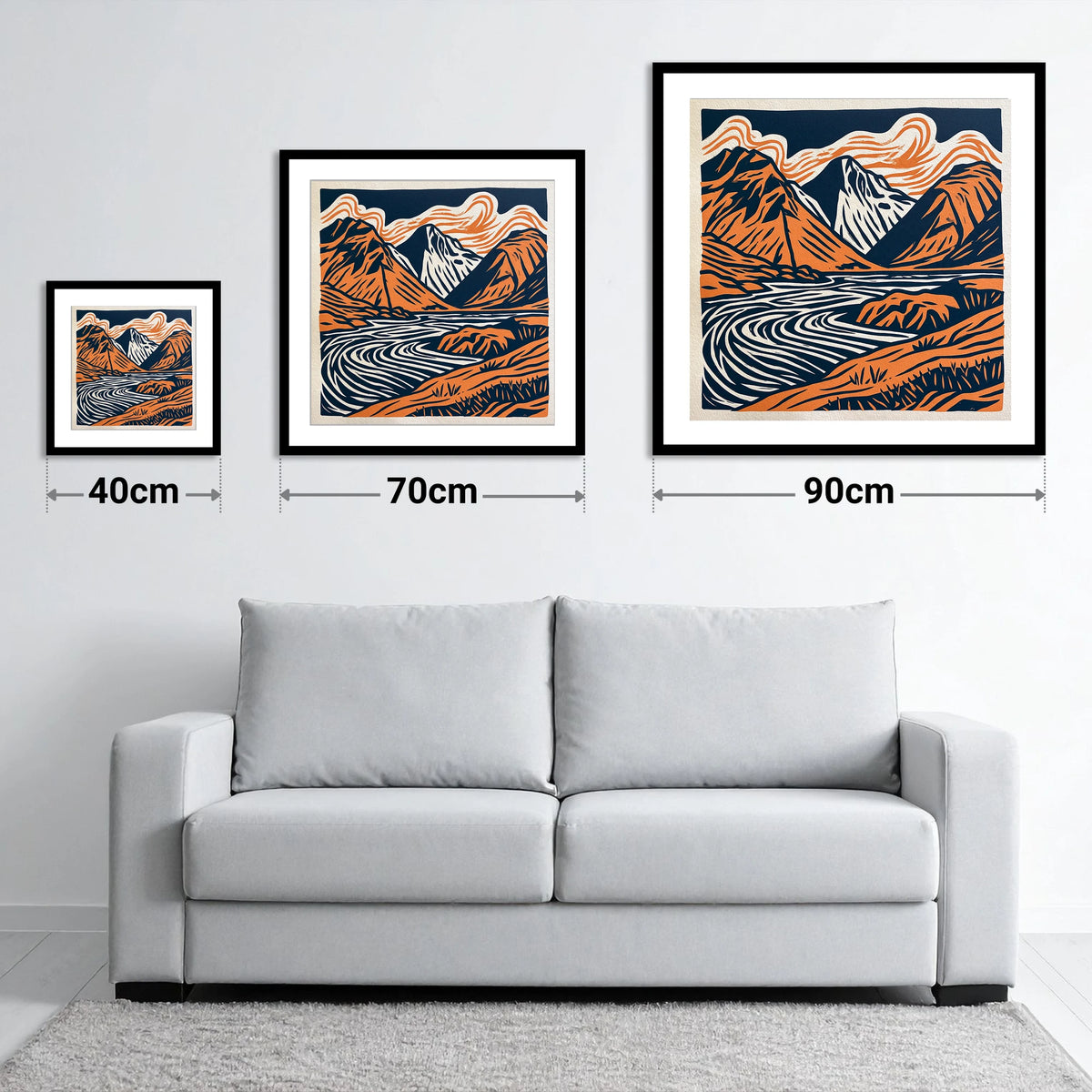 Bold Scafell Pike in Terracotta - size guide showing 40cm, 70cm and 90cm art prints