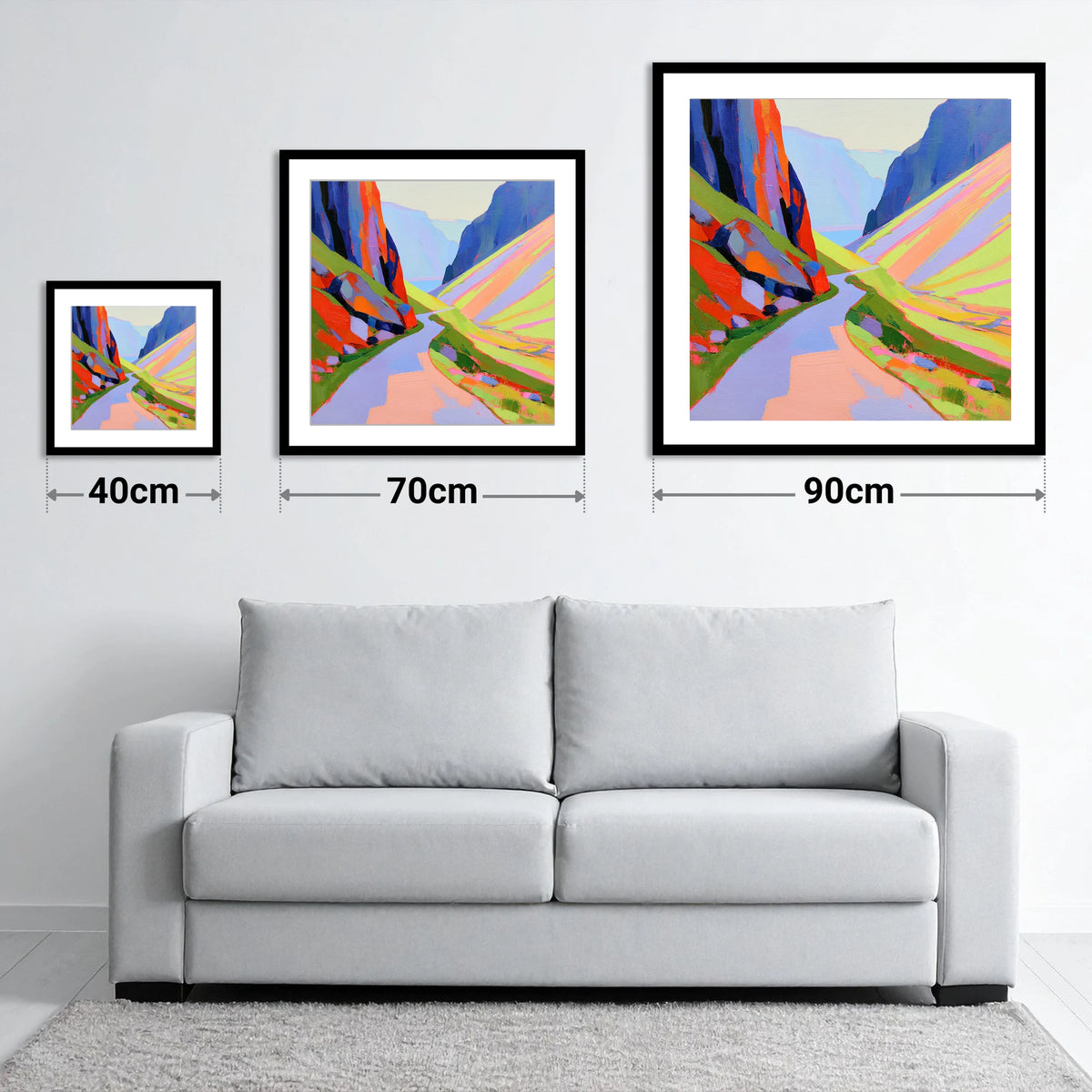 Winding Pass in Bold Hues - size guide showing 40cm, 70cm and 90cm art prints