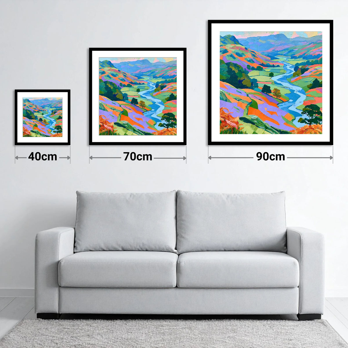Vibrant Lake District River Valley - size guide showing 40cm, 70cm and 90cm art prints