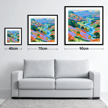 Vibrant Lake District River Valley - size guide showing 40cm, 70cm and 90cm art prints