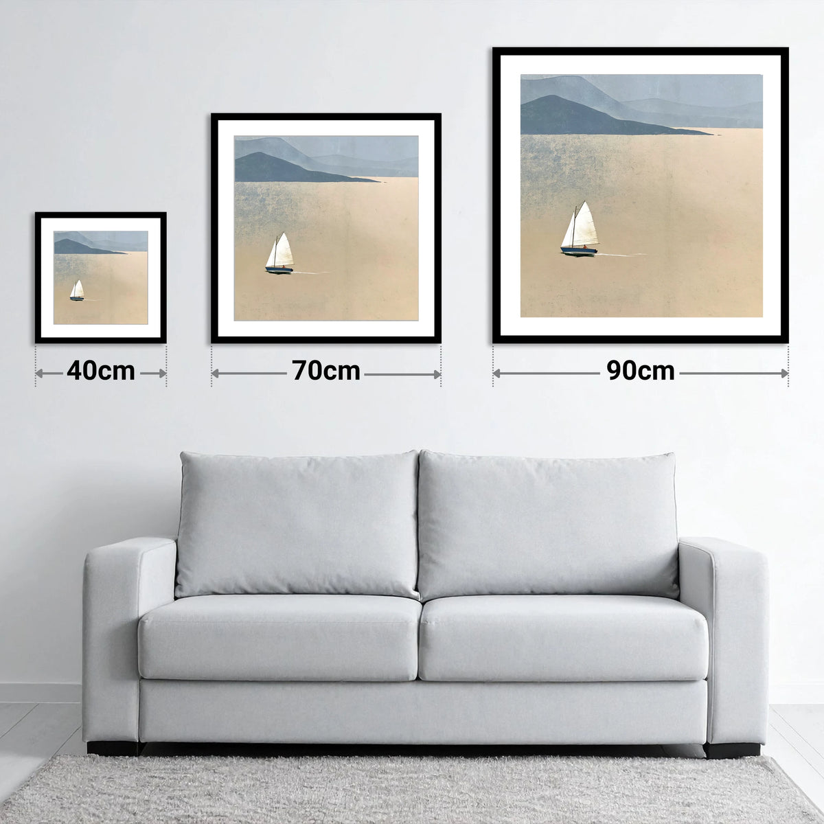 White Sail Across the Ochre Lake - size guide showing 40cm, 70cm and 90cm art prints