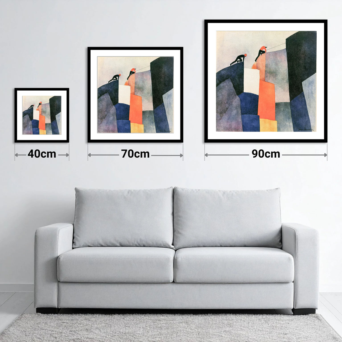 Climbers Ascending a Geometric Crag - size guide showing 40cm, 70cm and 90cm art prints