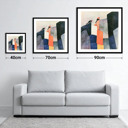 Climbers Ascending a Geometric Crag - size guide showing 40cm, 70cm and 90cm art prints