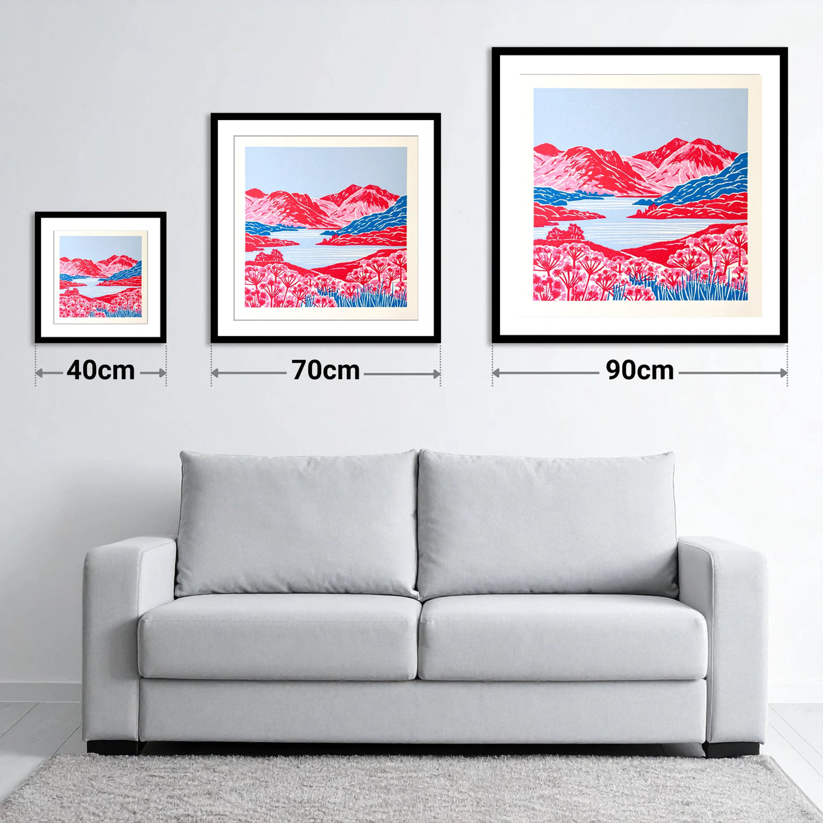 Vivid Red Fells and Lake - size guide showing 40cm, 70cm and 90cm art prints