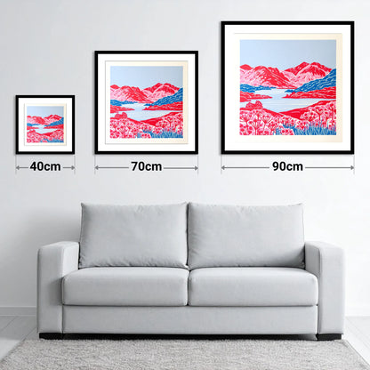 Vivid Red Fells and Lake - size guide showing 40cm, 70cm and 90cm art prints