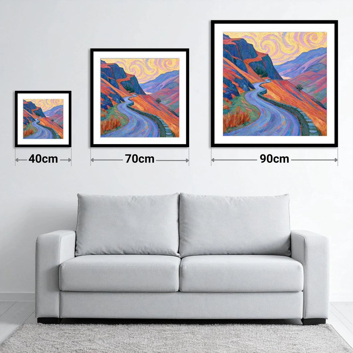 Winding Mountain Pass in Amber and Violet - size guide showing 40cm, 70cm and 90cm art prints