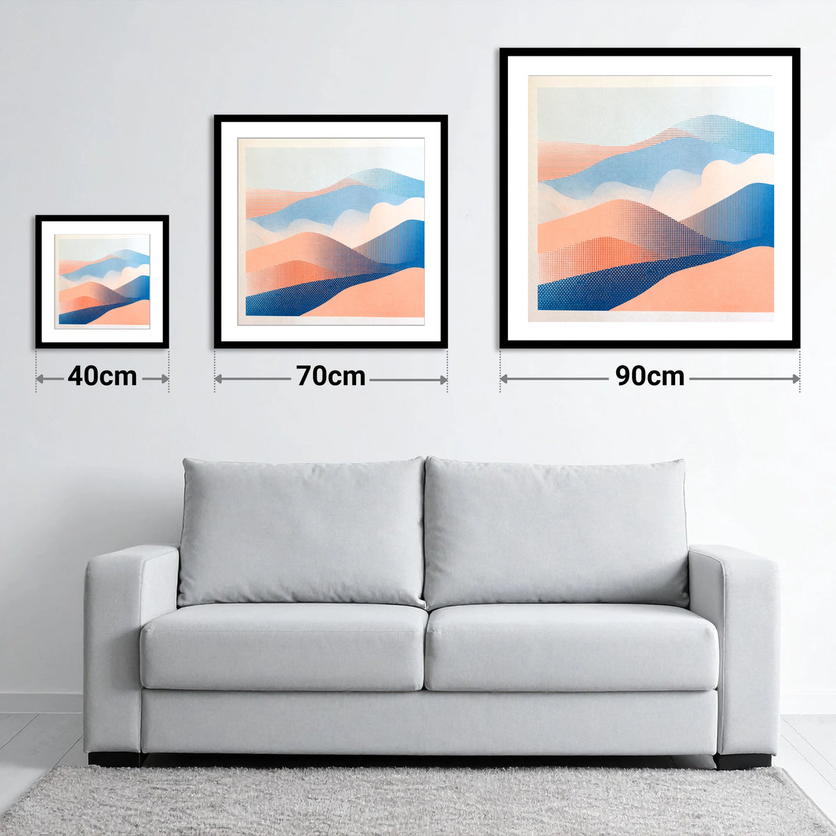 Coral and Blue Rolling Fells - size guide showing 40cm, 70cm and 90cm art prints