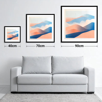 Coral and Blue Rolling Fells - size guide showing 40cm, 70cm and 90cm art prints