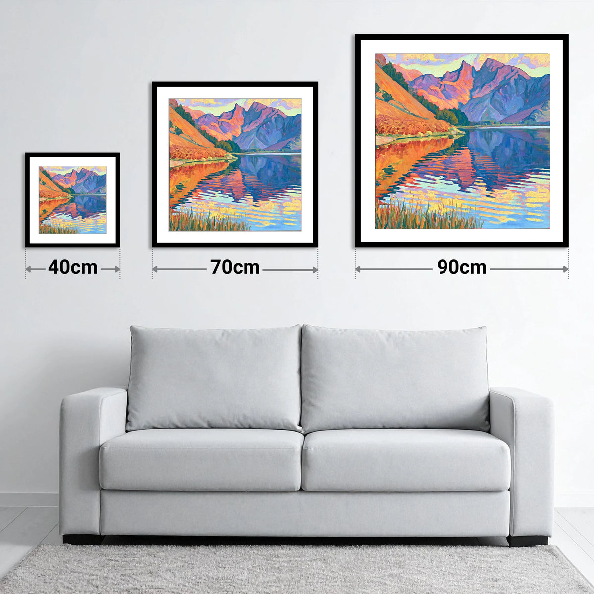 Vivid Fells of Loweswater - size guide showing 40cm, 70cm and 90cm art prints