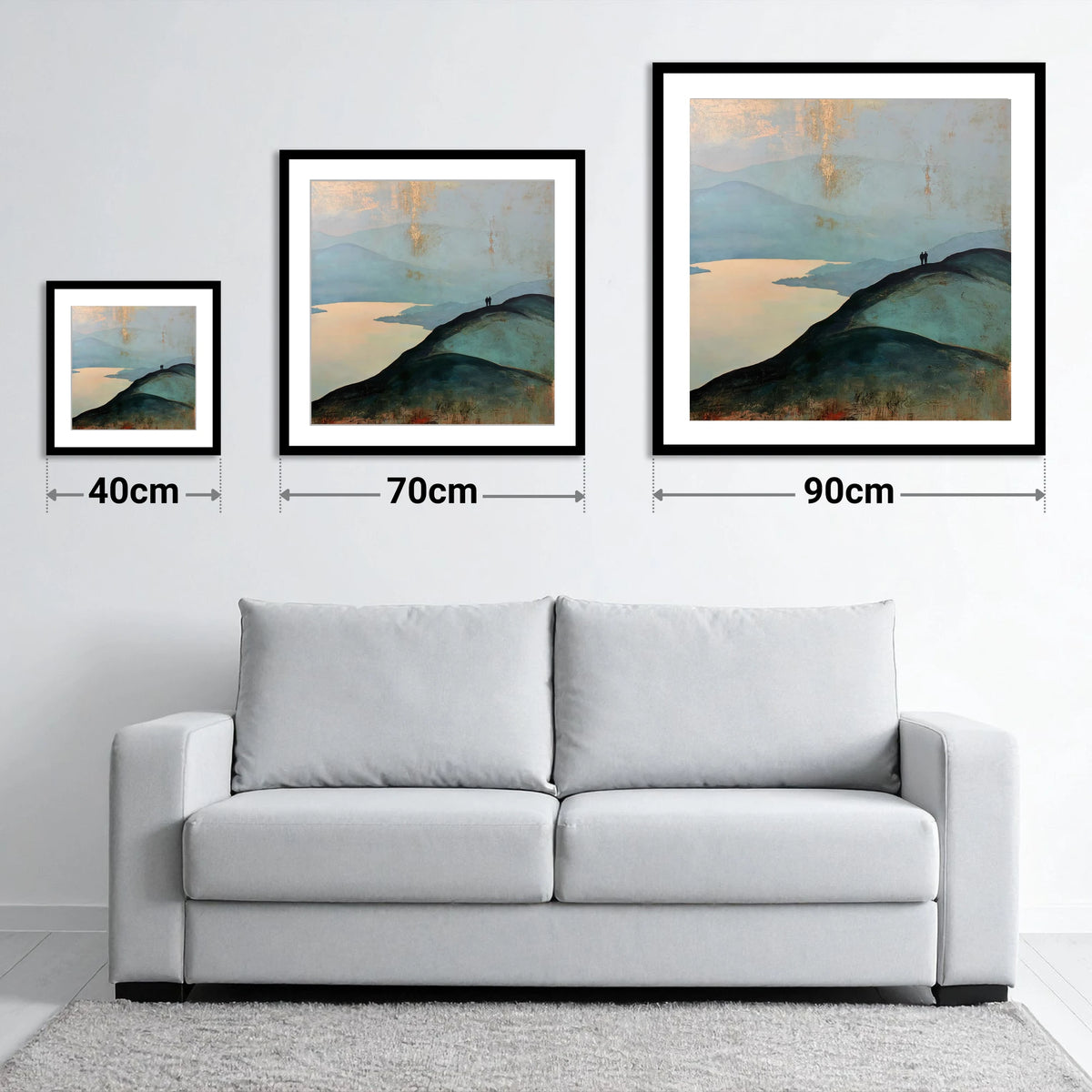 Silhouetted Walkers on Catbells Ridge - size guide showing 40cm, 70cm and 90cm art prints