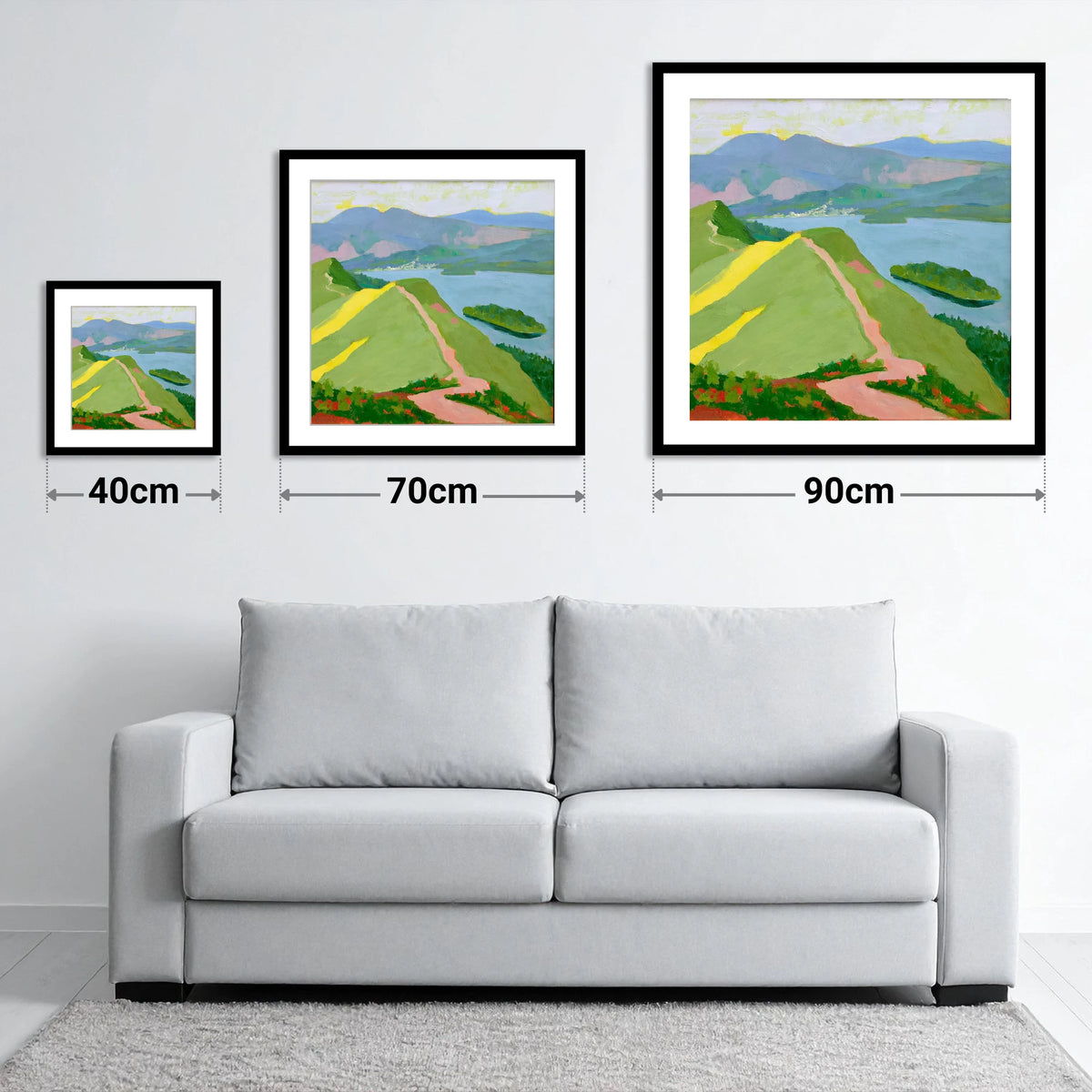 Vivid Derwentwater from Cat Bells - size guide showing 40cm, 70cm and 90cm art prints