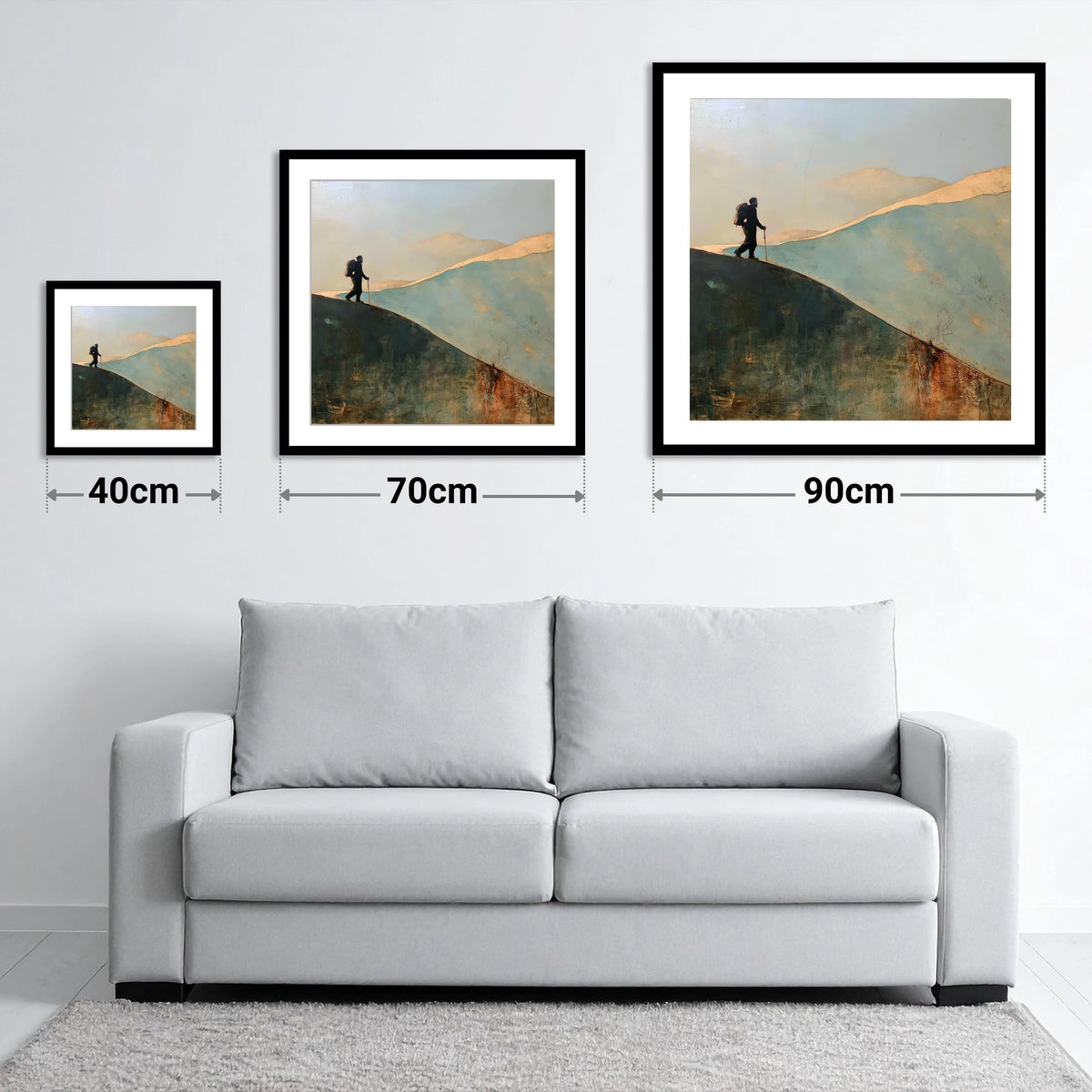 Silhouette Walker on Fell Ridge - size guide showing 40cm, 70cm and 90cm art prints