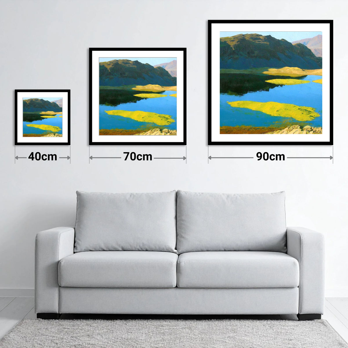 Angletarn Pikes Over Vibrant Islands - size guide showing 40cm, 70cm and 90cm art prints