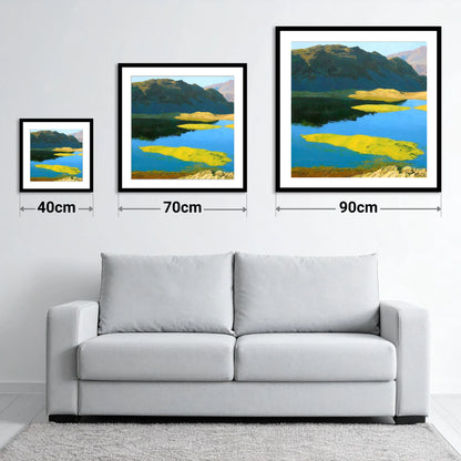 Angletarn Pikes Over Vibrant Islands - size guide showing 40cm, 70cm and 90cm art prints