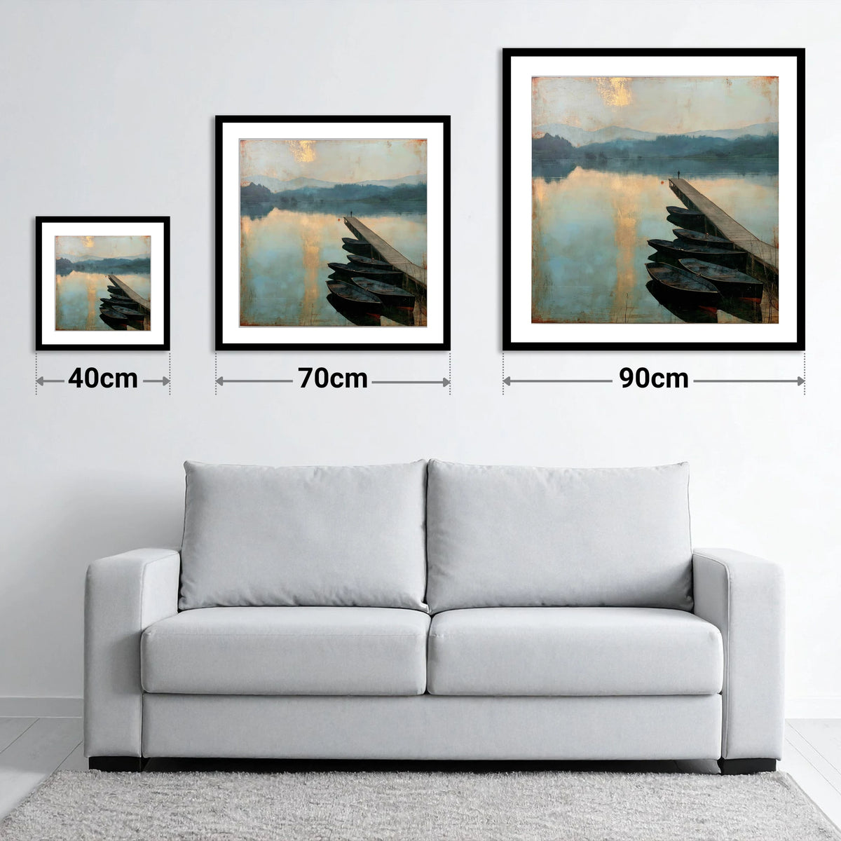 Windermere Jetty in Golden Light - size guide showing 40cm, 70cm and 90cm art prints