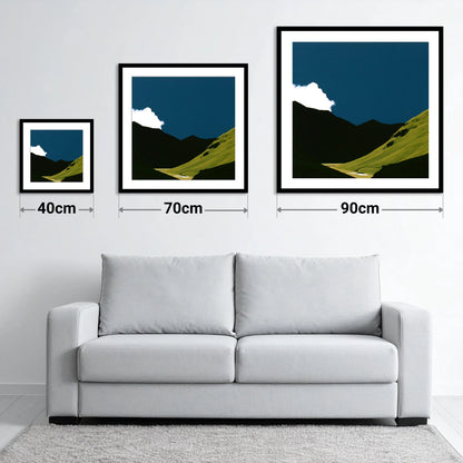 Sunlit Fell Under Storm Cloud - size guide showing 40cm, 70cm and 90cm art prints