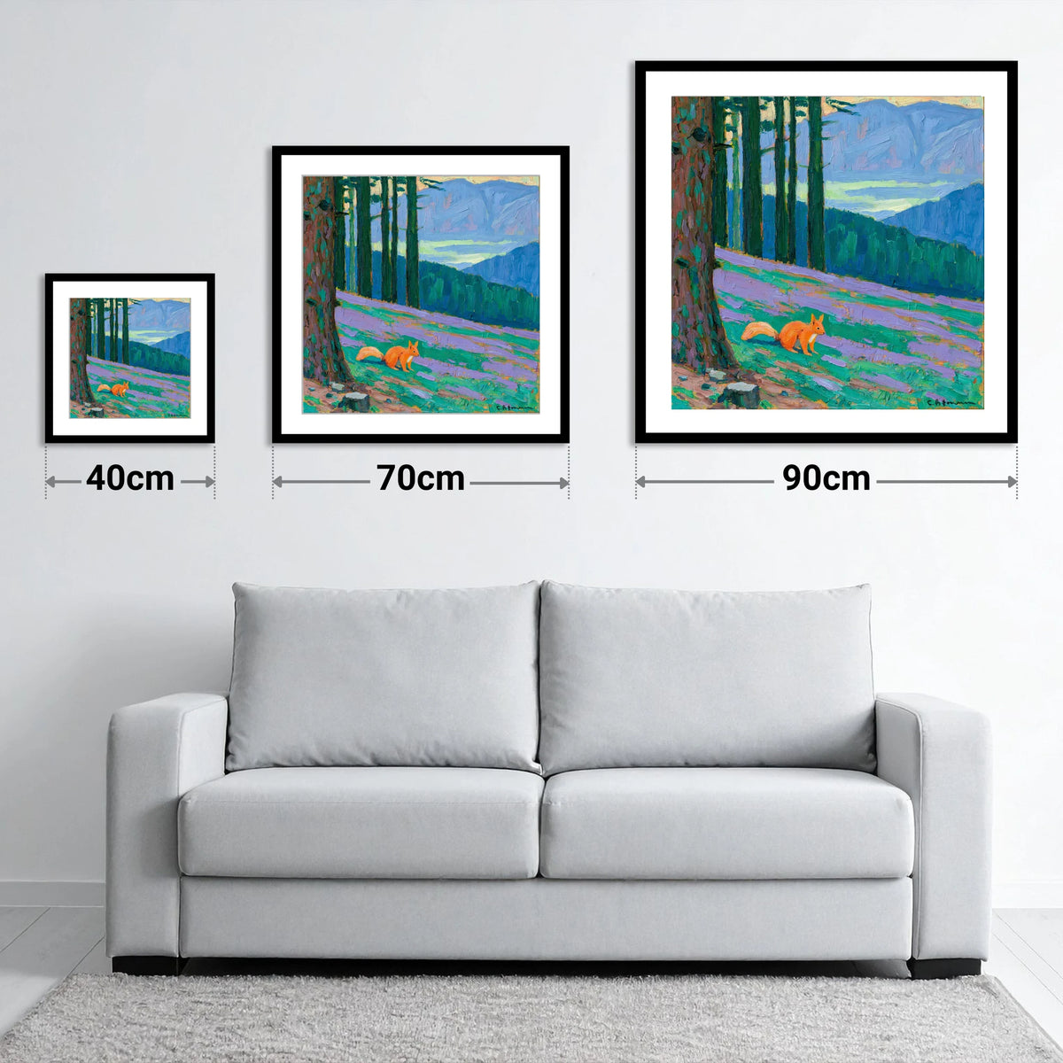 Red Squirrel Beneath Blue Fells - size guide showing 40cm, 70cm and 90cm art prints