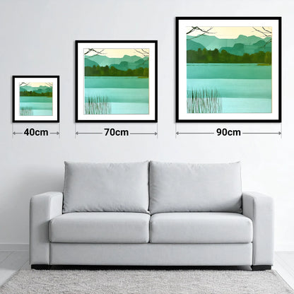 Teal Fells Above Elter Water - size guide showing 40cm, 70cm and 90cm art prints
