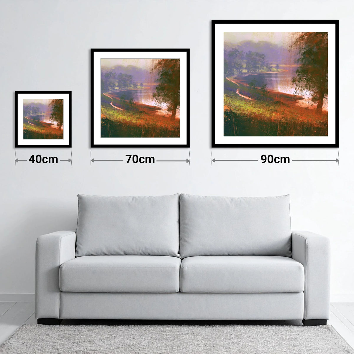 Tarn Hows in Violet Mist - size guide showing 40cm, 70cm and 90cm art prints