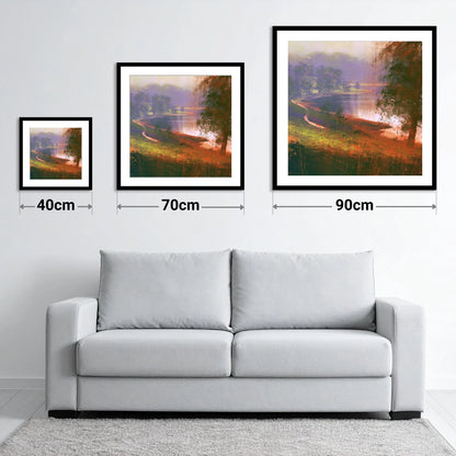 Tarn Hows in Violet Mist - size guide showing 40cm, 70cm and 90cm art prints
