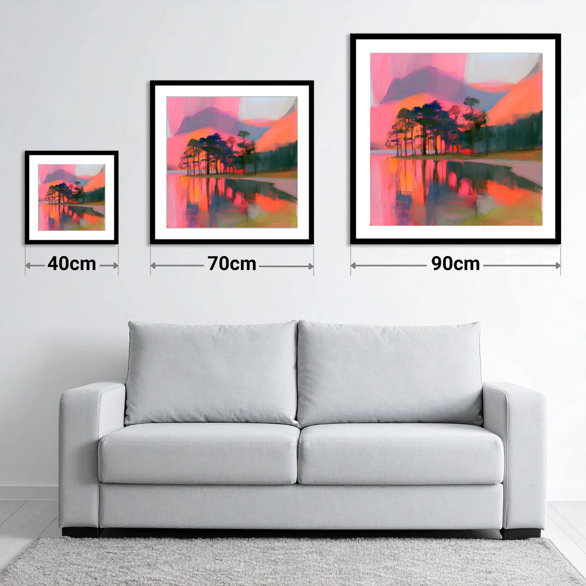 Neon Sunset Over Buttermere Pines - size guide showing 40cm, 70cm and 90cm art prints