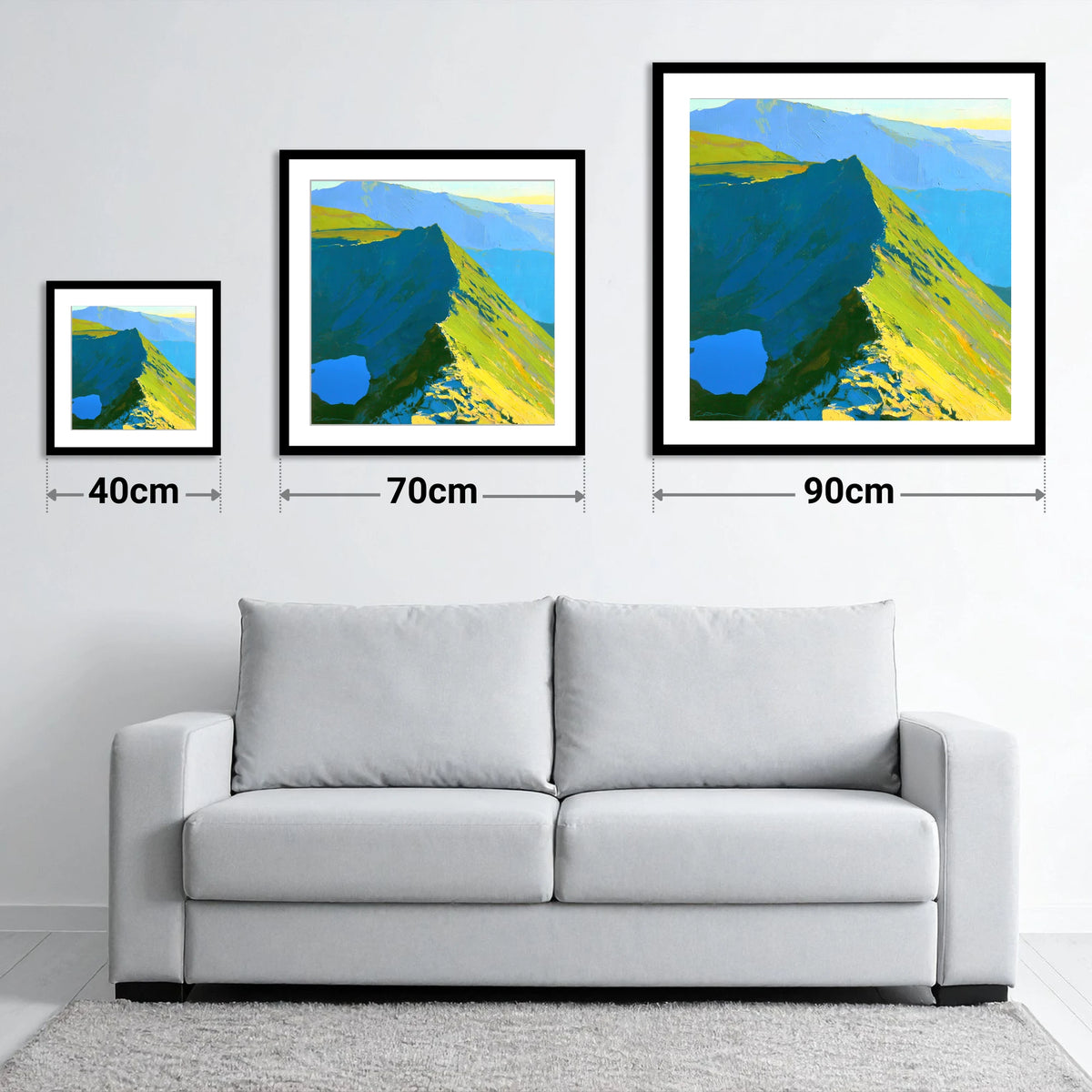 Dramatic Sunlight on Striding Edge - size guide showing 40cm, 70cm and 90cm art prints