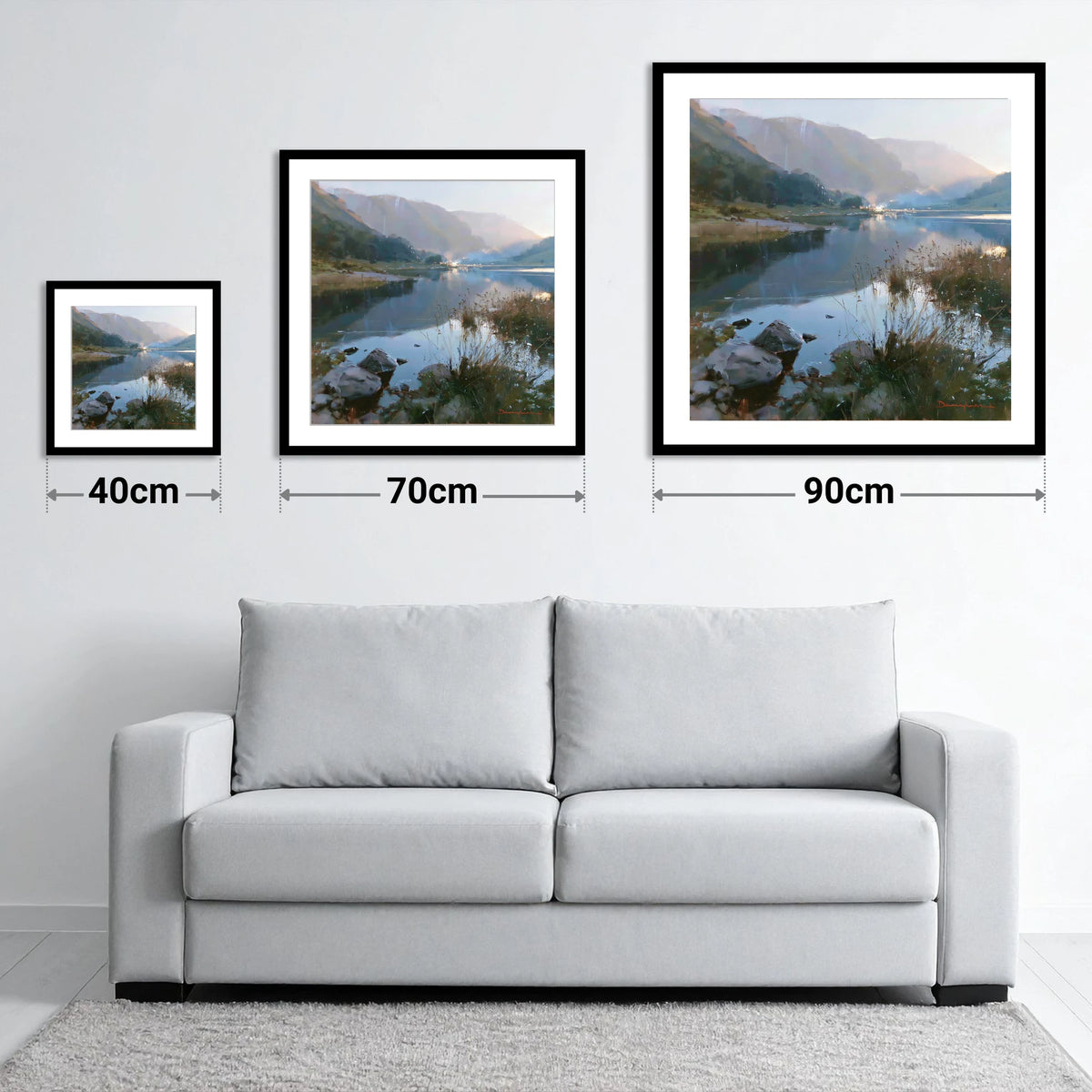 Still Lake Beneath Misty Fells - size guide showing 40cm, 70cm and 90cm art prints