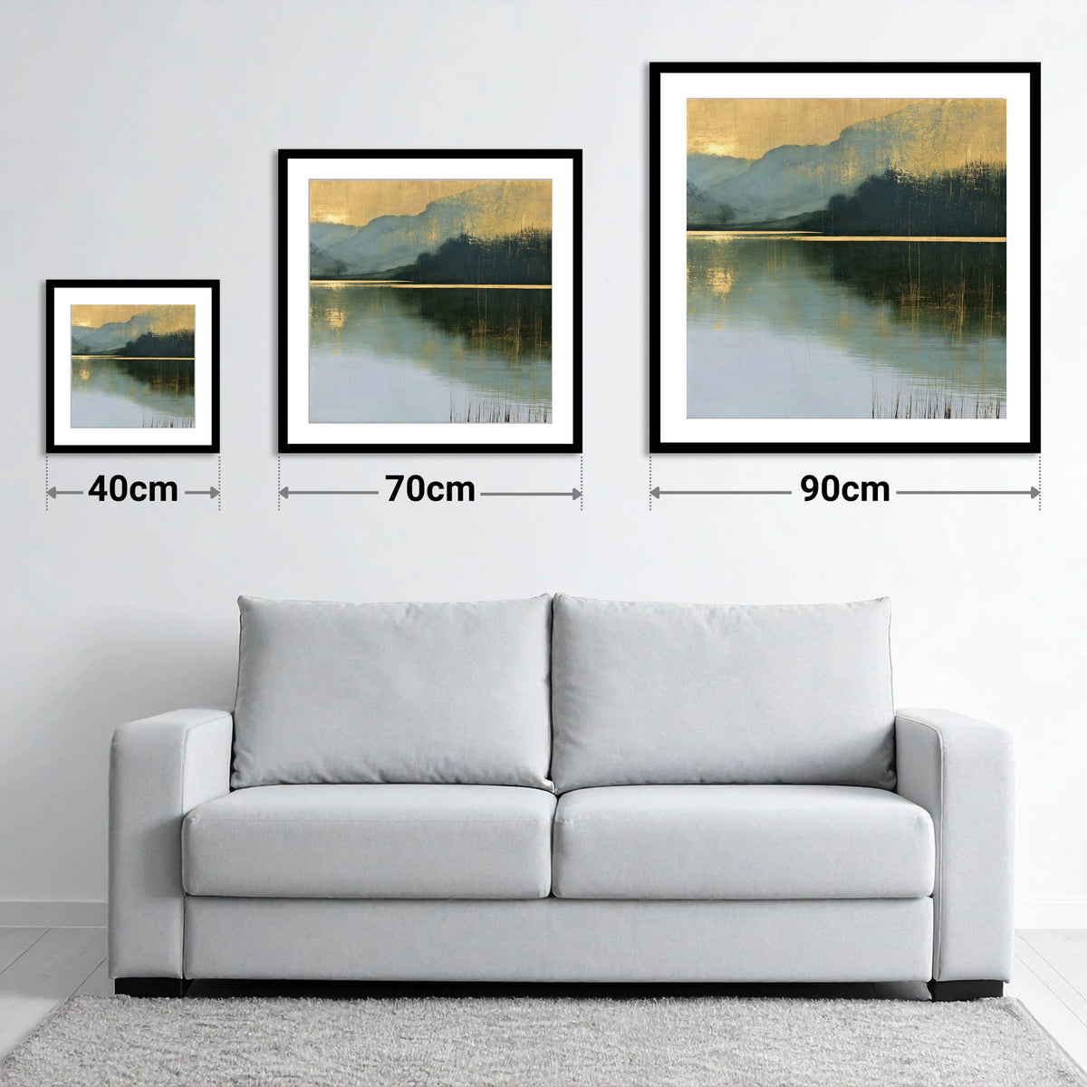 Still Lake Under Gilded Sky - size guide showing 40cm, 70cm and 90cm art prints