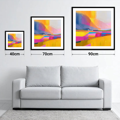 Fuchsia Fields in a Lakeland Dale - size guide showing 40cm, 70cm and 90cm art prints