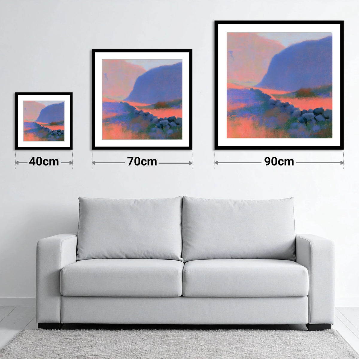 Drystone Wall in Twilight Valley - size guide showing 40cm, 70cm and 90cm art prints