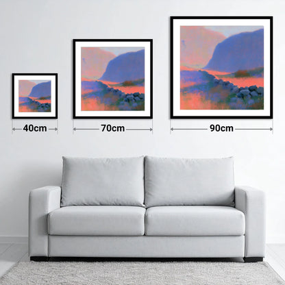 Drystone Wall in Twilight Valley - size guide showing 40cm, 70cm and 90cm art prints